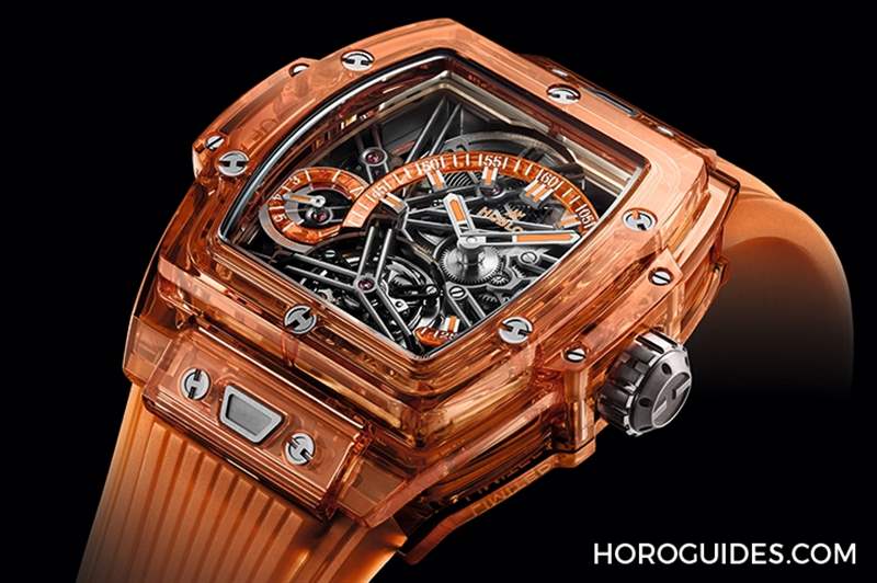 高透光冰橙色!Hublot Spirit of Big Bang冰橙藍(lán)寶石陀飛輪五日鏈腕表-復(fù)刻表